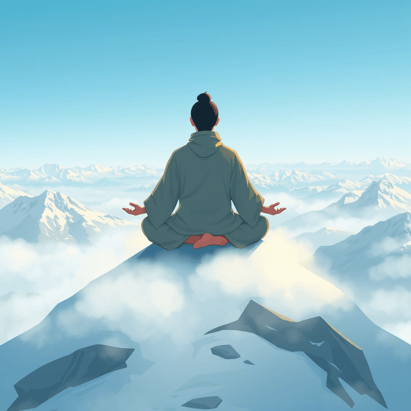 Illustration d'une personne méditant au sommet d'une montagne